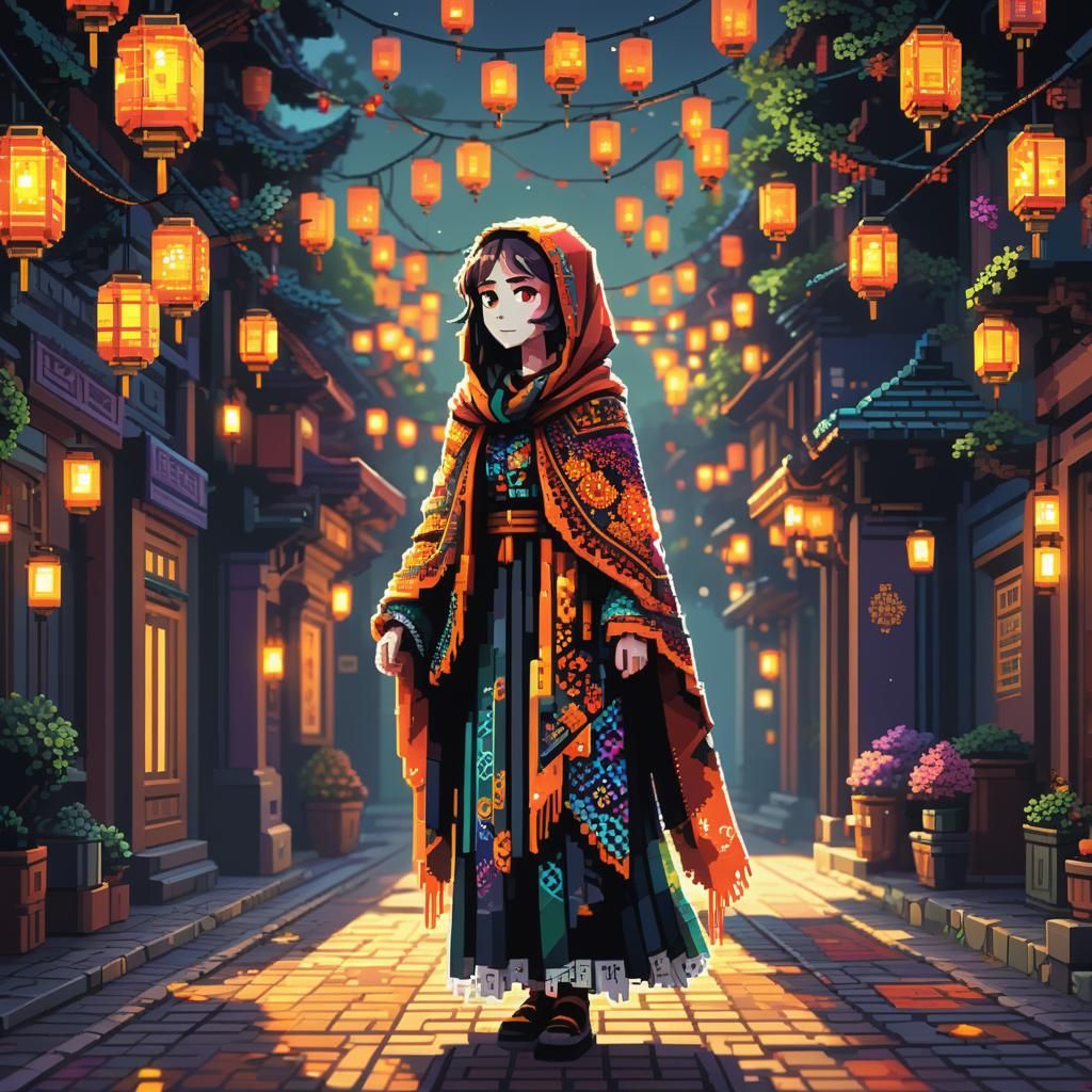 Pixel Art: Adventurer in a Lantern-lit Scene