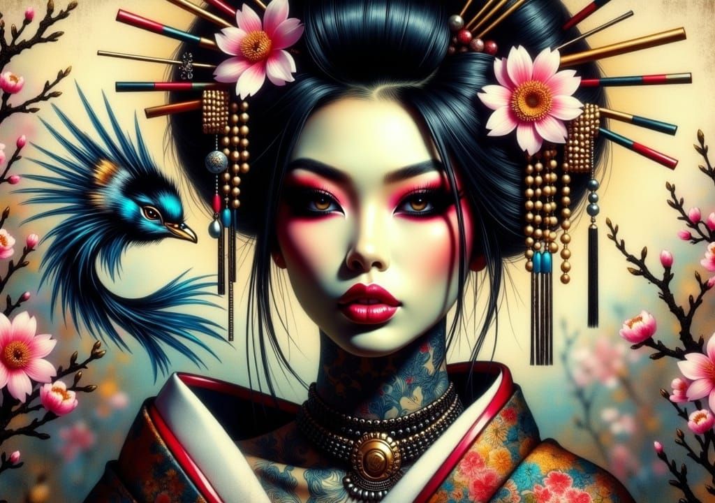 Gueisha in Kimono: Yoshitaka Amano Style Oil Painting