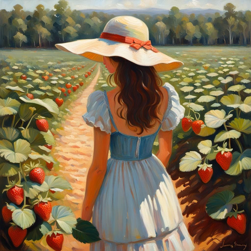 Girl in Strawberry Field: Oil Painting
