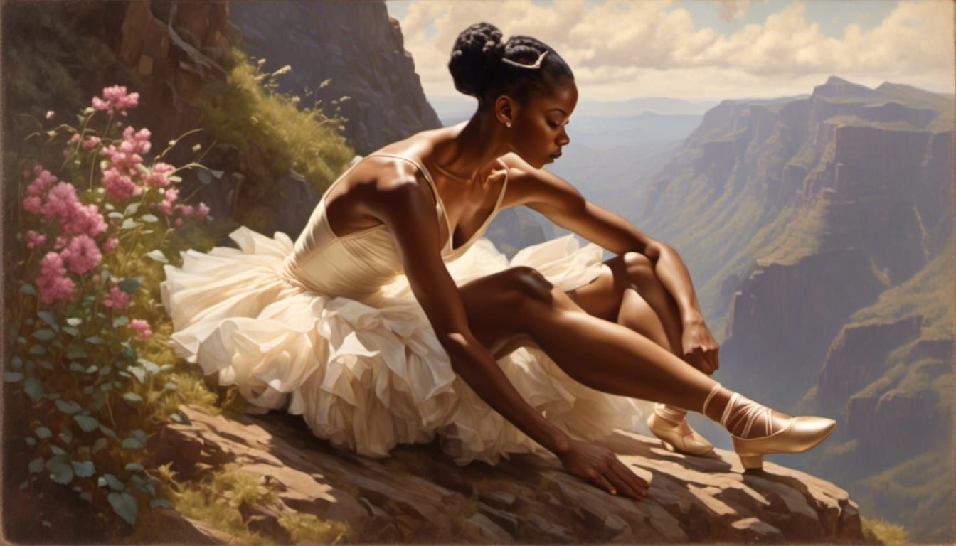 Ballerina Tying Slippers in the Style of Romantic Realism