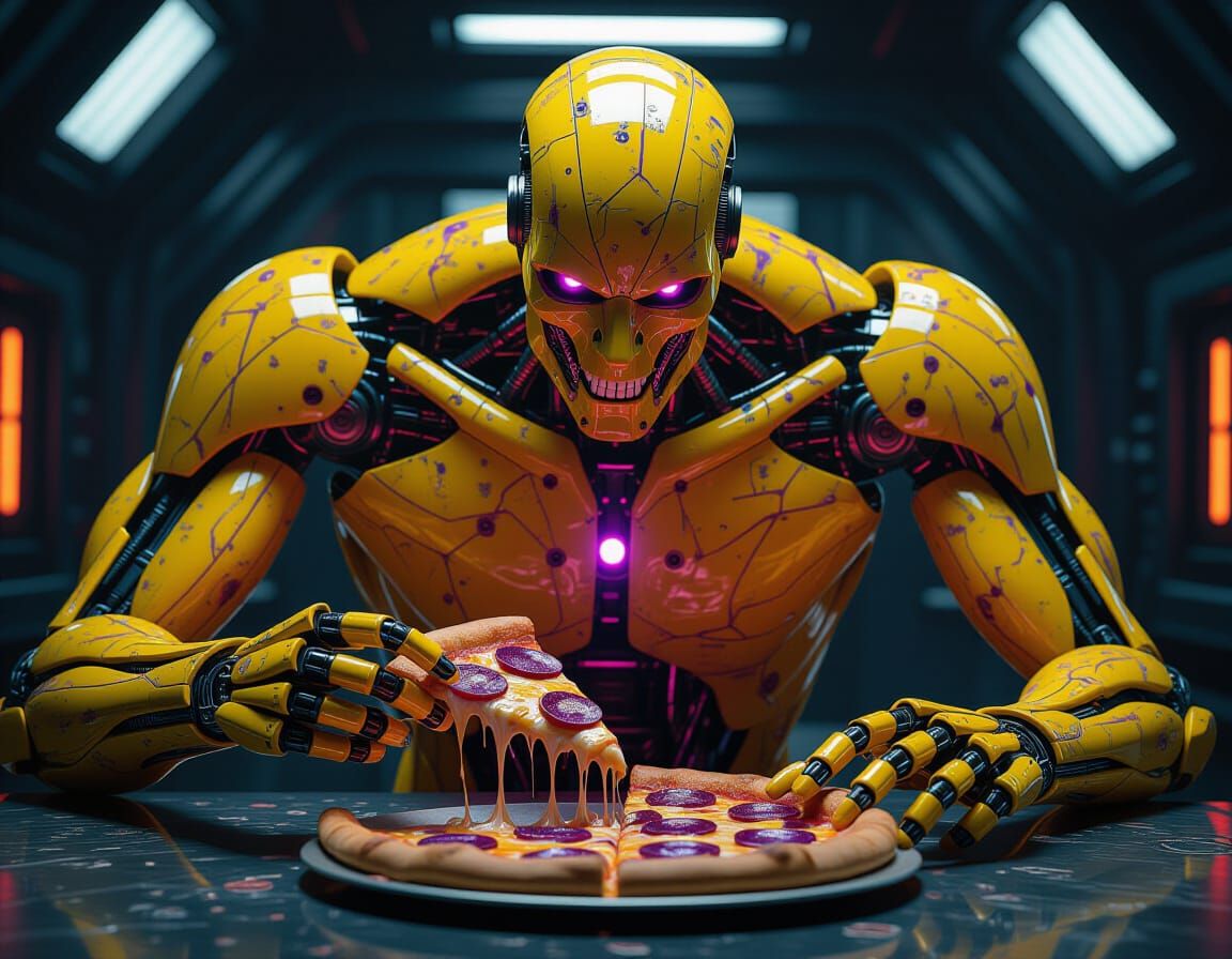 Marble Cyborg Devouring Steampunk Pizza