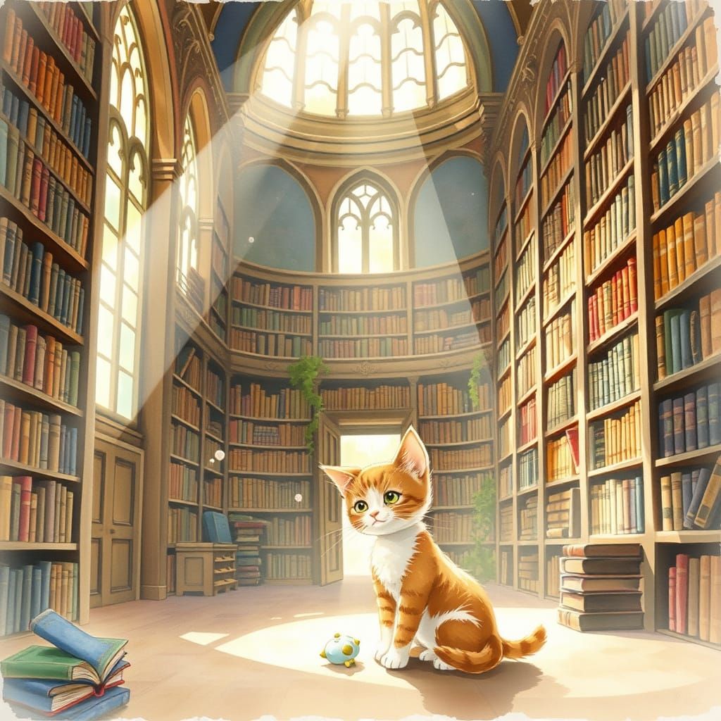 Kitten in Grand Library: Watercolor Illustration