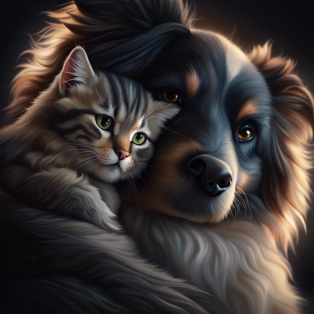 Tender Dog Hugging Cat: Hyperrealistic Digital Painting