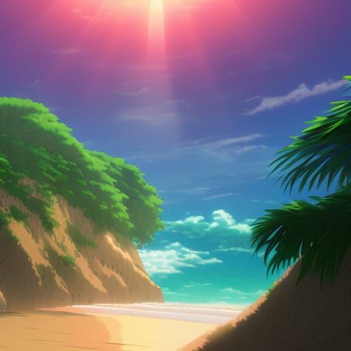 Tropical Beach in Studio Ghibli Anime Style