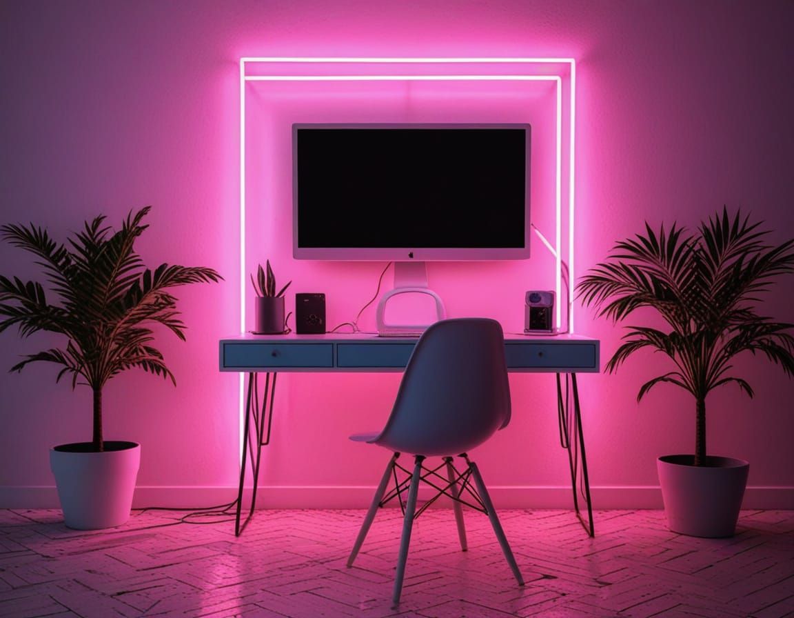Vaporwave Home Office with Neon Lighting