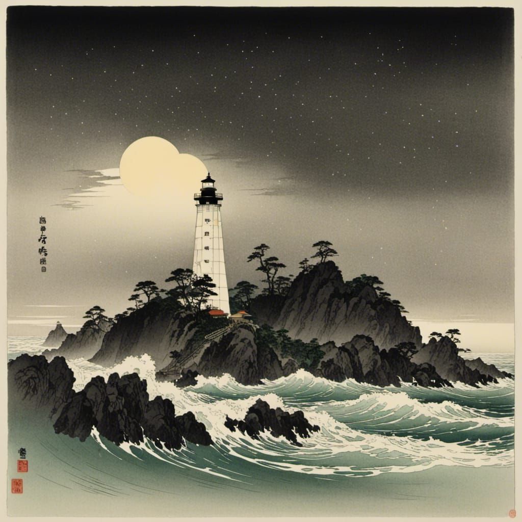 Lighthouse in Ukiyo-e Style