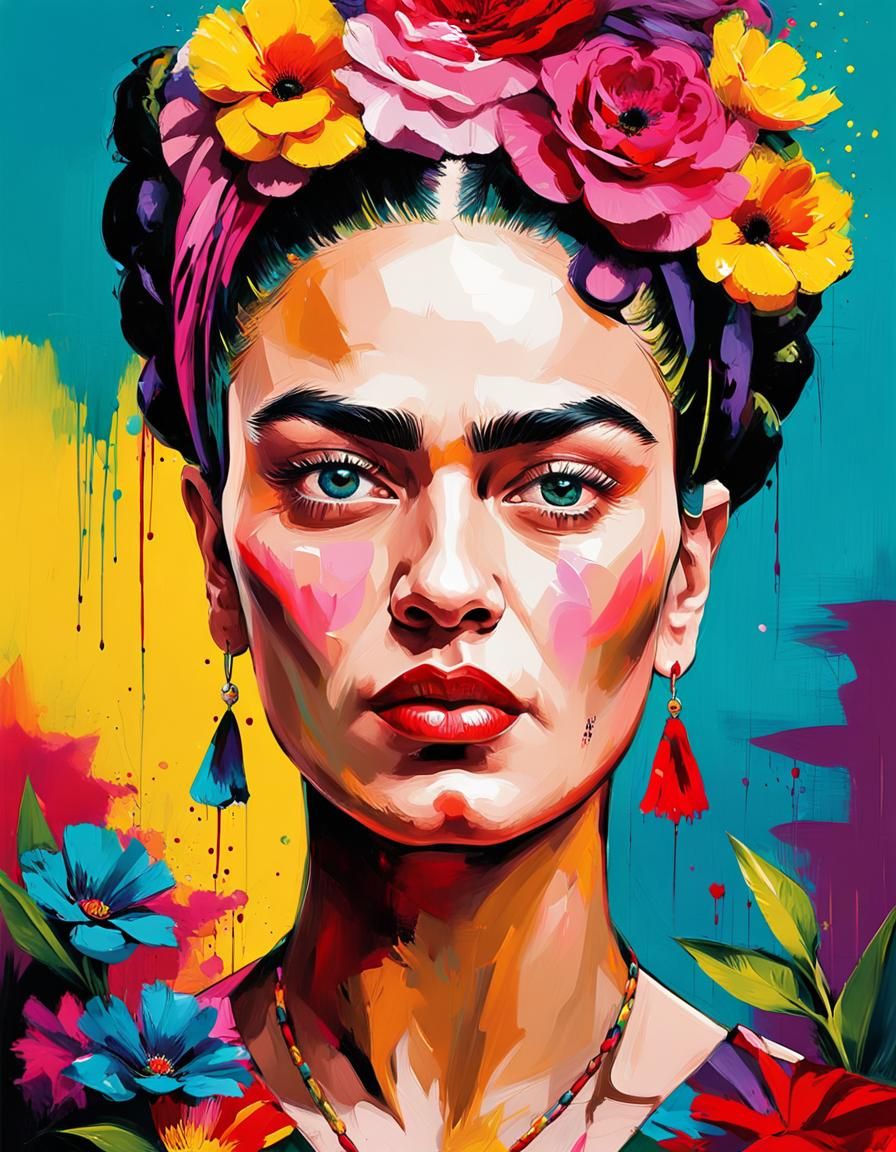 Frida Kahlo Portrait in Flower Garden, Expressionist Impasto