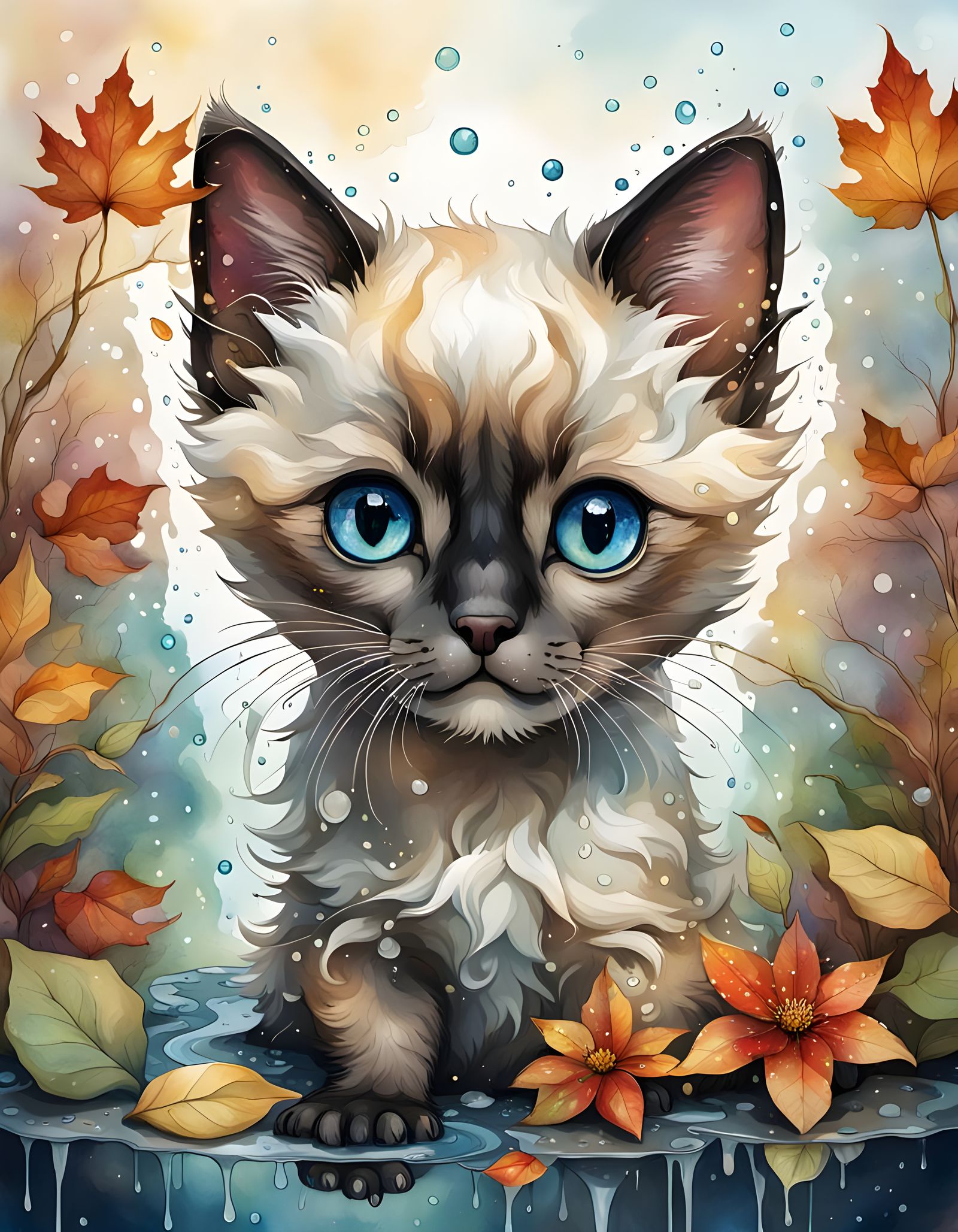 Mystical Siamese Kitten in Autumnal Puddle