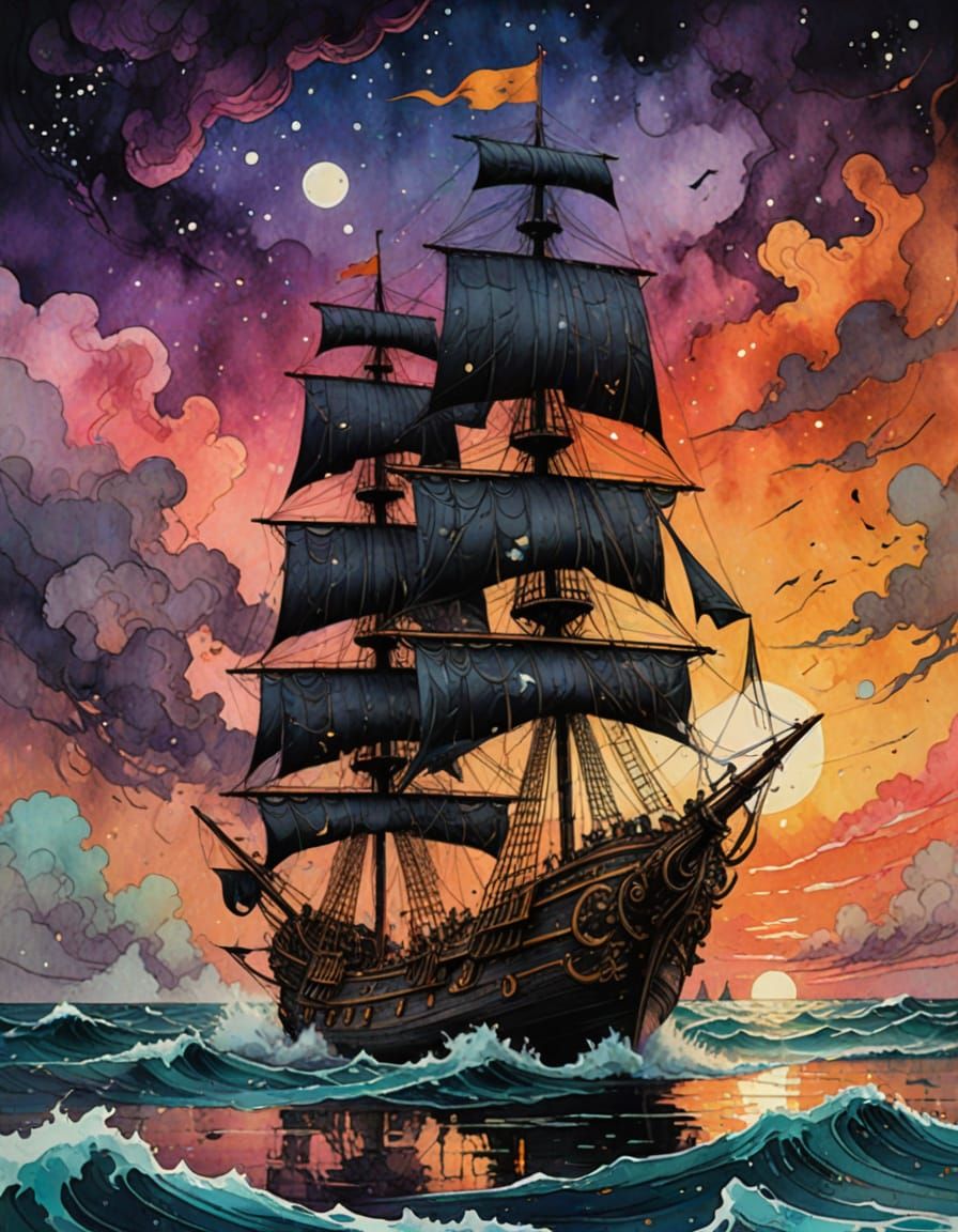 Pirate Ship Sunset in Abstract Alcohol Ink Style