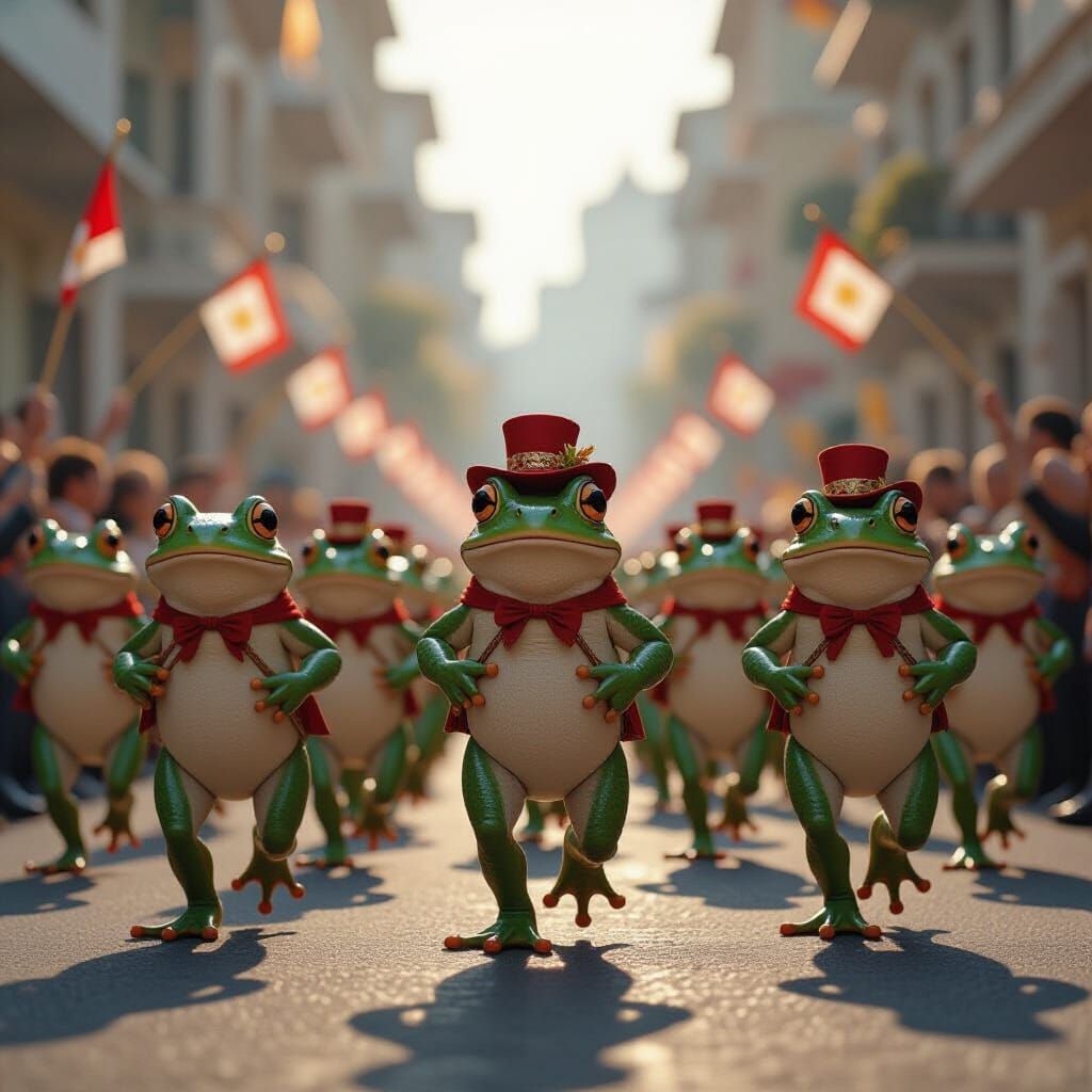Epic Cinematic Frogs Parade in Maximalist Digital Art