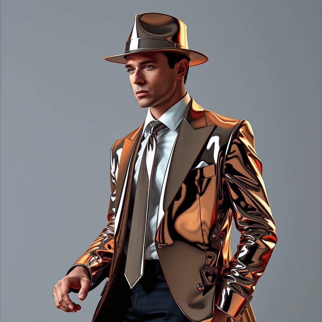 Glamorous Man in Chrome Suit with Metallic Accents