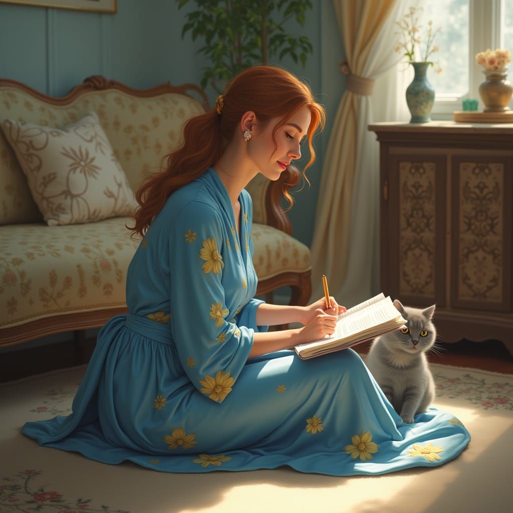 Elegant Woman Writing Letter in Photorealistic Style