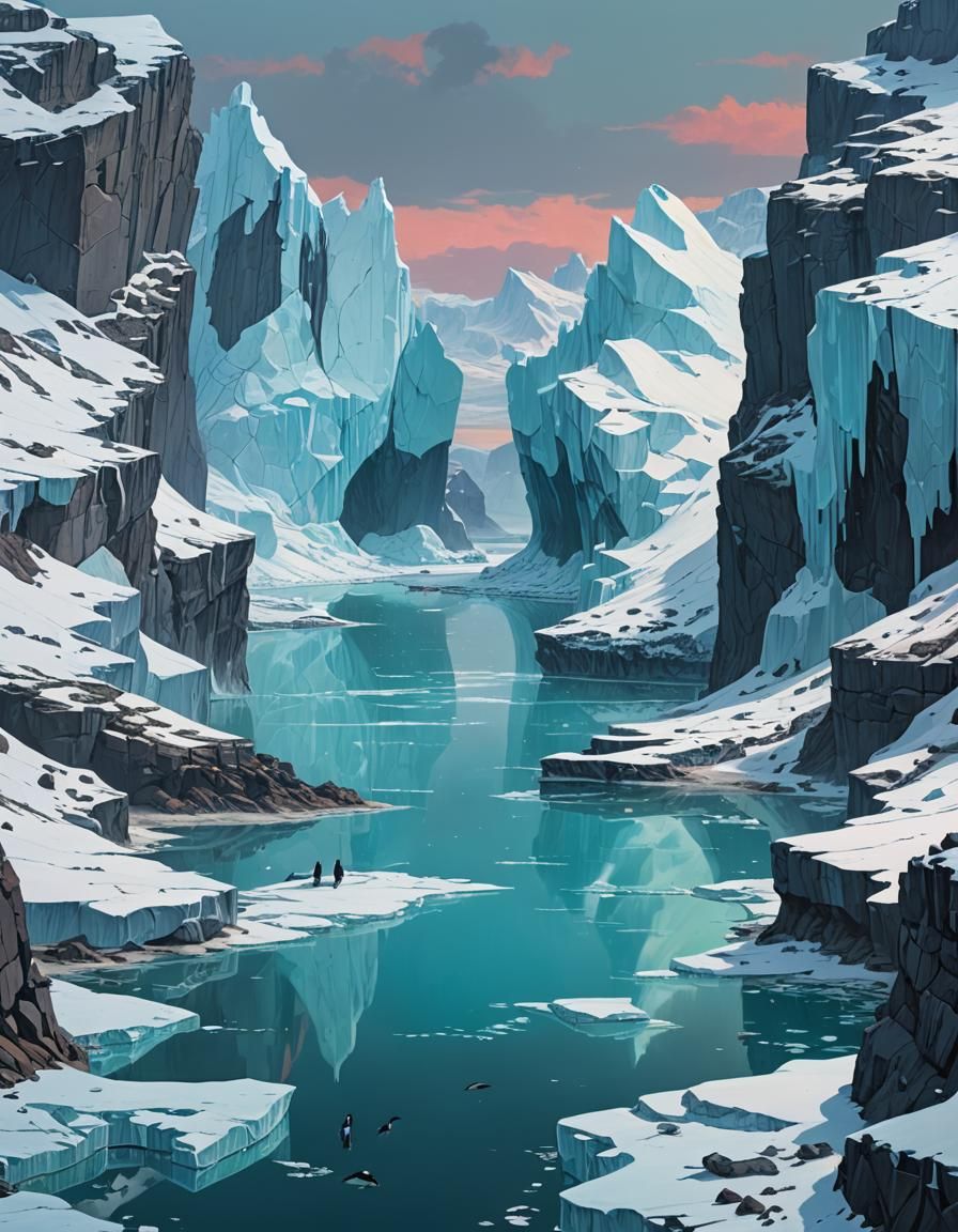 Penguins Nesting in Bioluminescent Ice Caverns