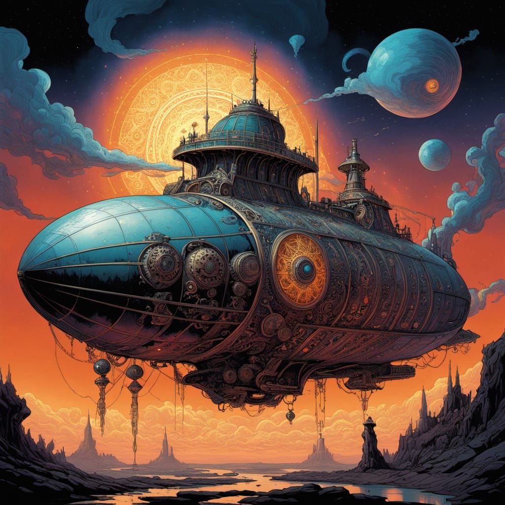 Steampunk Airship Soars Through Cosmic Nebula Sky