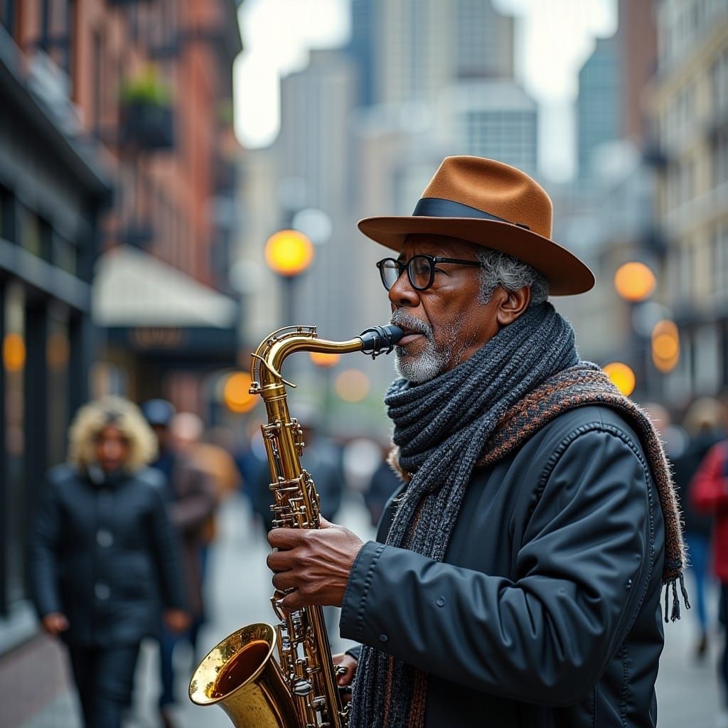 Street Musician on a Busy Corner in Hyperrealism