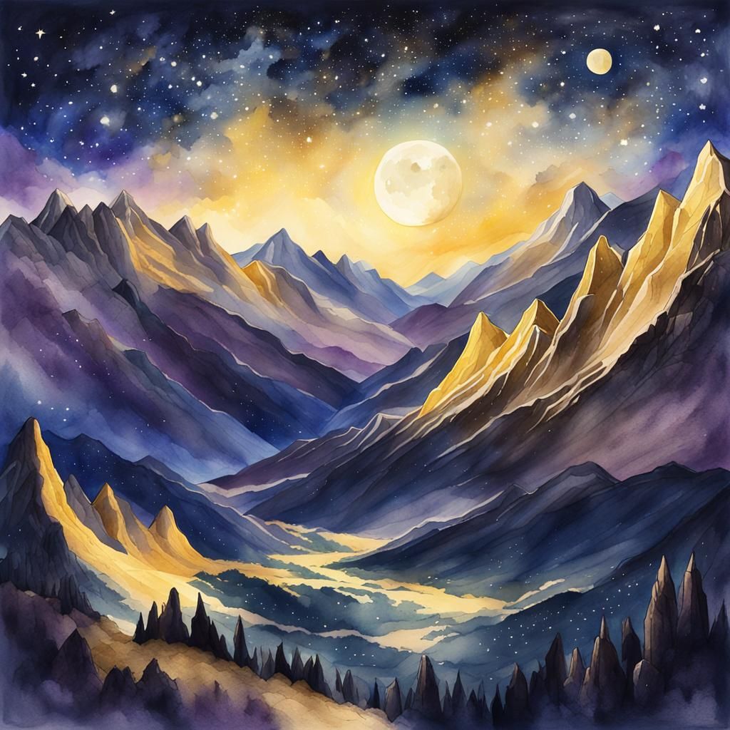 Yellow Mountains Under Starry Sky: Watercolor Painting