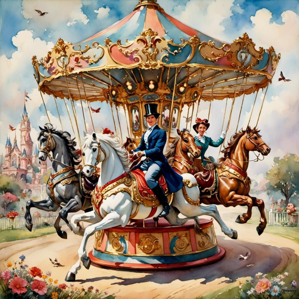 Mary Poppins Rides a Carousel Horse