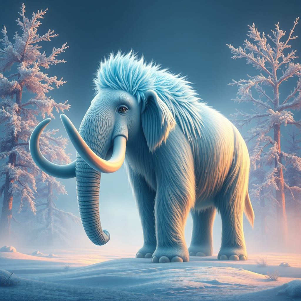 Ethereal Blue Mammoth Reigns in Snowy Fantasy Realm