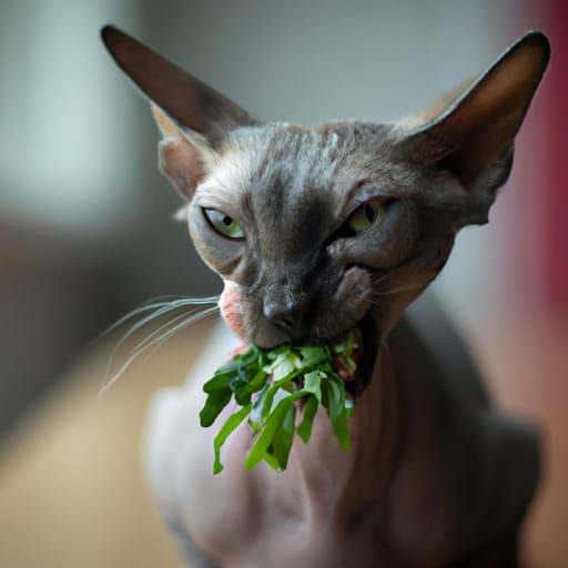 Hairless Cat Enjoys Lettuce in Professional Photo