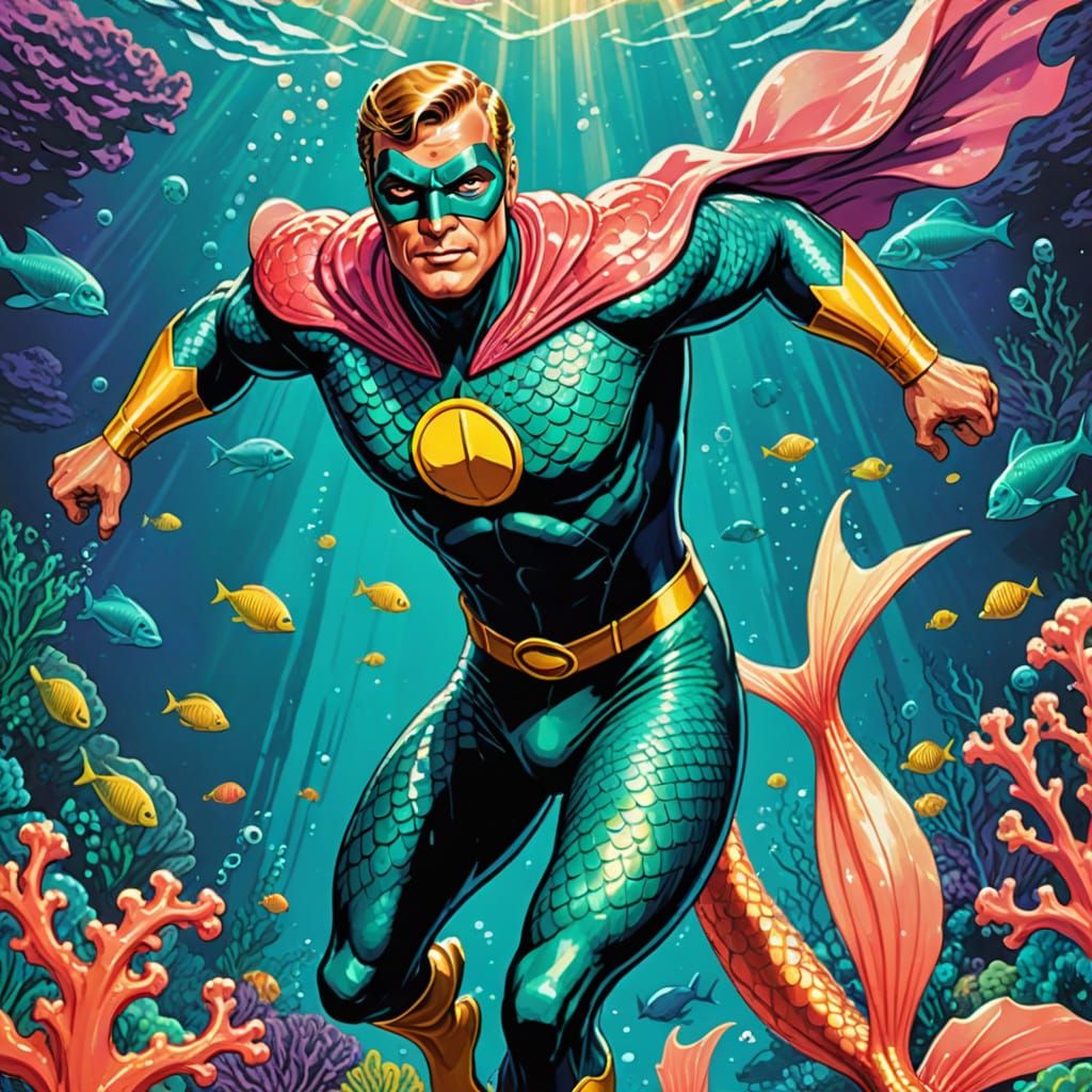 Mermaid Man in Retro Comic Book Style