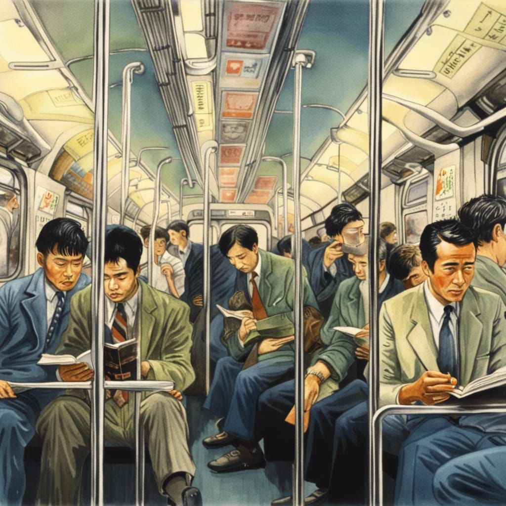 Detective on Metro Train in 1980s Japan Watercolor