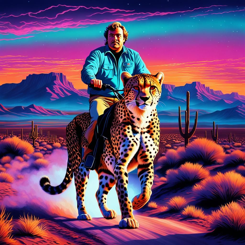 John Candy Rides a Cheetah in Vaporwave Sunset