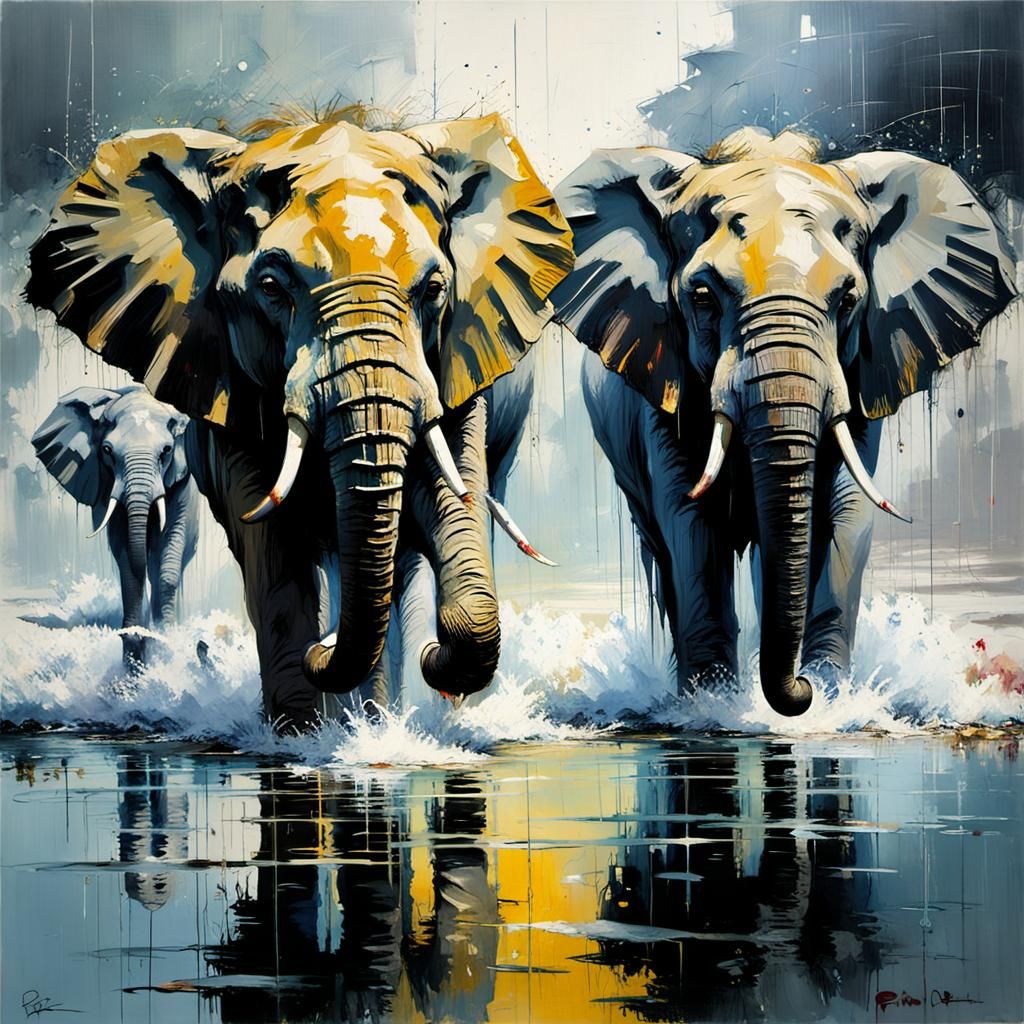 Elephants Play in Rainstorm: Detailed Matte Painting