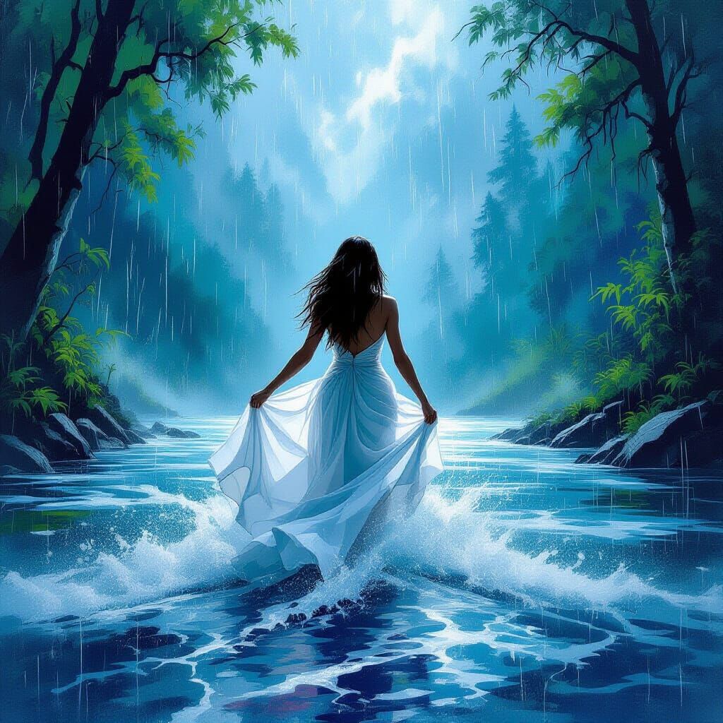 Ethereal Woman Emerges from Stormy Lake in Graffiti Style