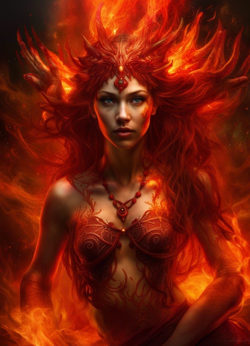 Gorgeous Fire Nymph in a Mystical High Fantasy Scene