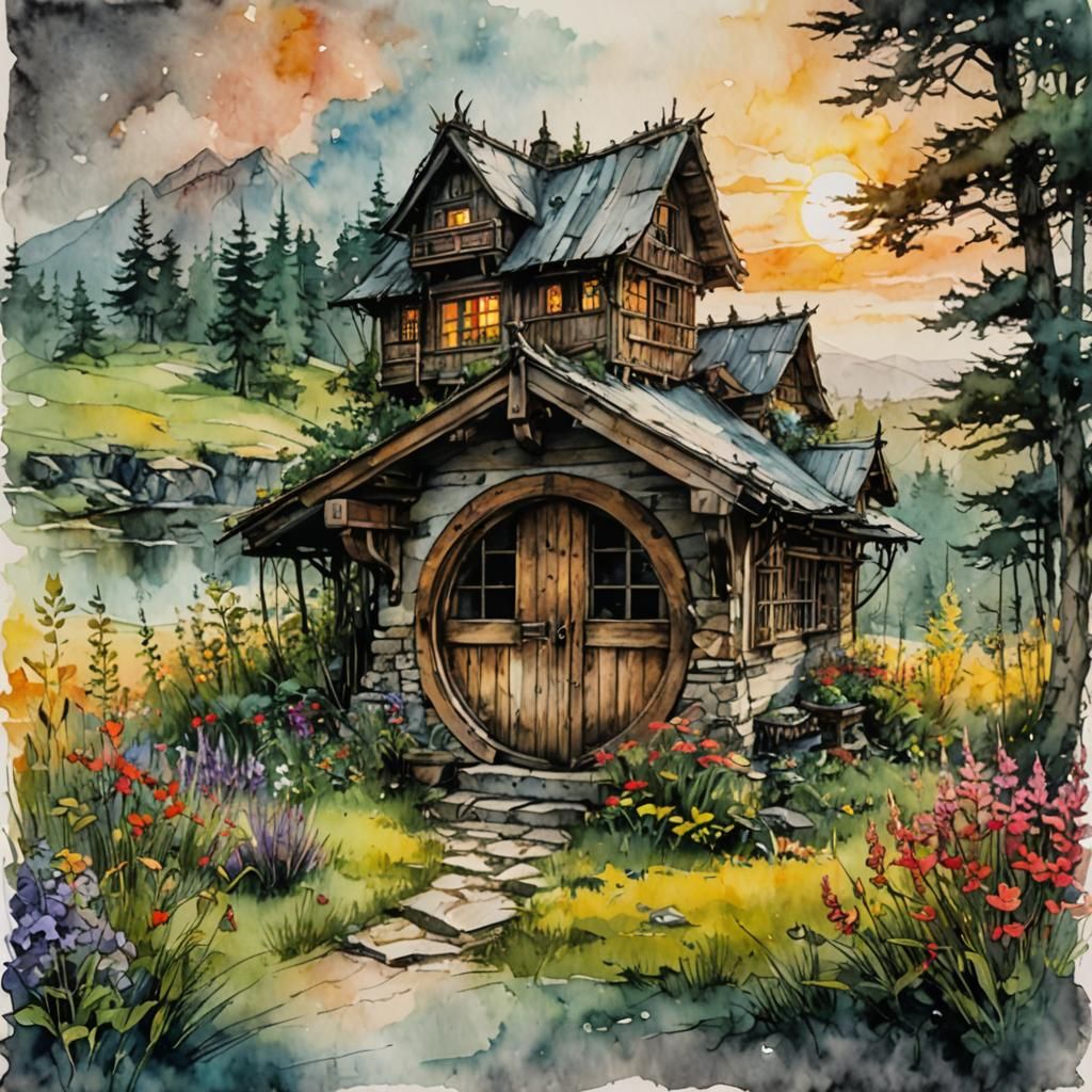 Magical Cottage in Woods: Digital Watercolor Summerscape