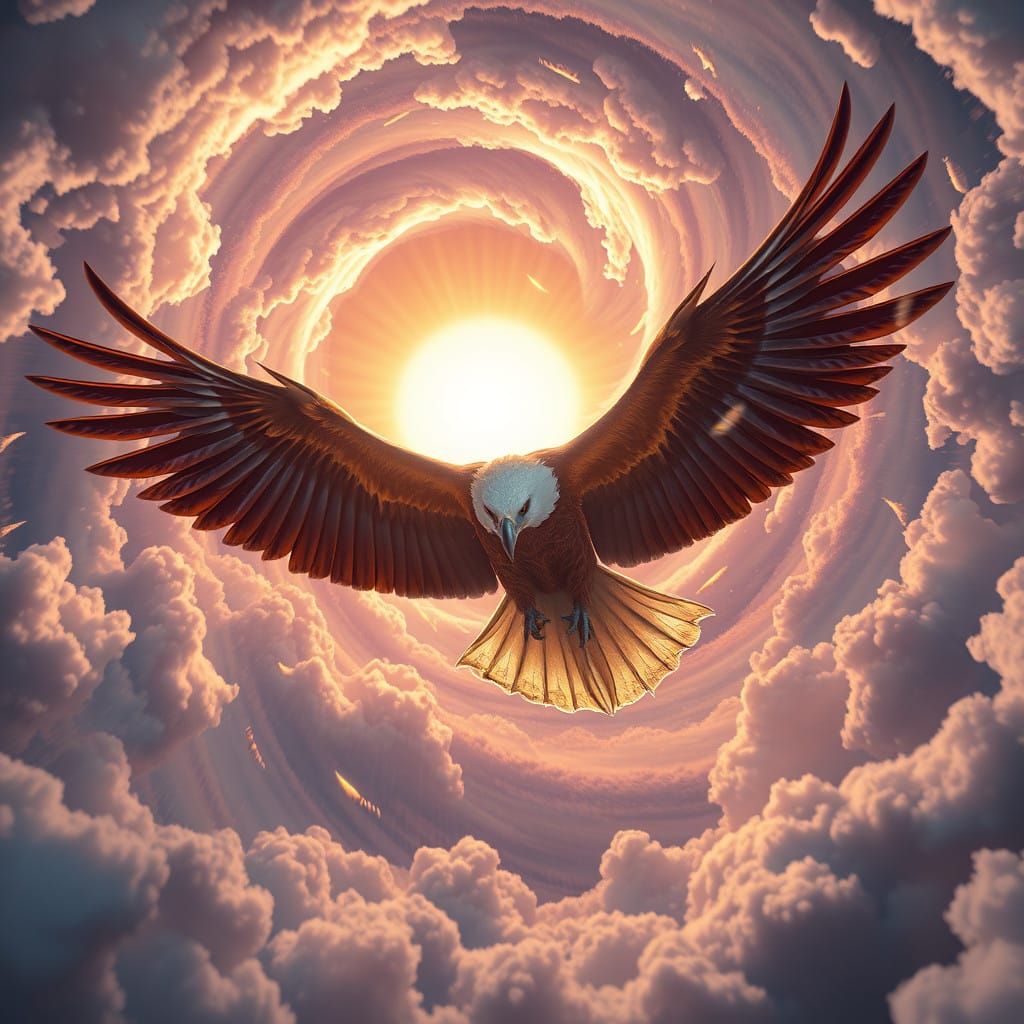 Majestic Eagle Soars Amidst Iridescent Clouds
