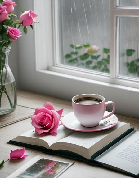 Rainy Morning Scene with Coffee and Roses