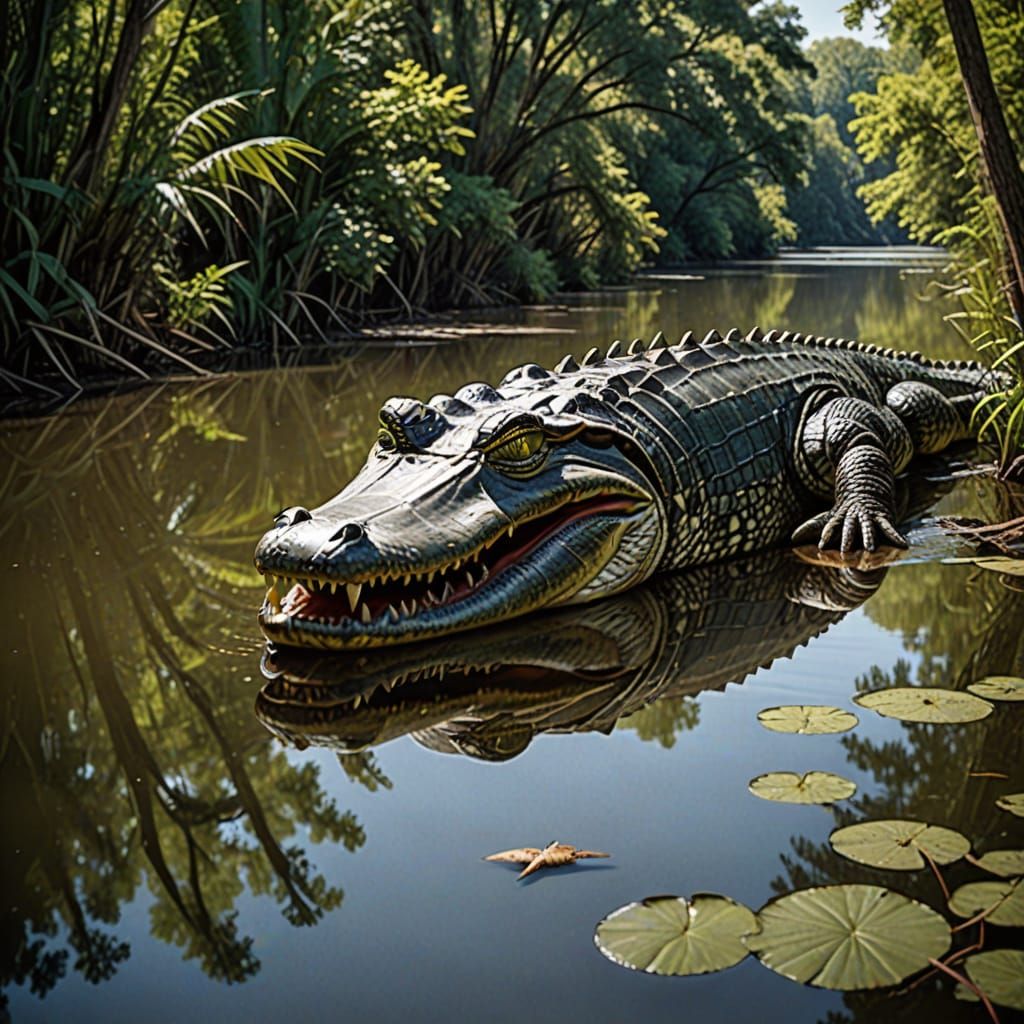Louisiana Bayou Alligator, Photorealistic River Scene