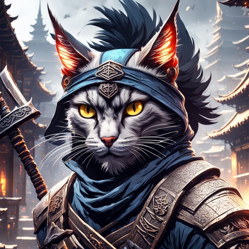 Ninja Cat with Sickles in Detailed Matte Painting