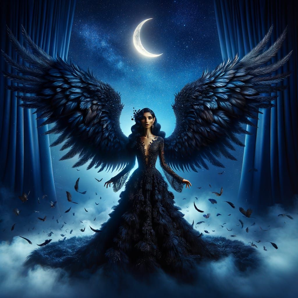 Enchanting Hispanic Woman with Angel Wings Under Starry Nigh...