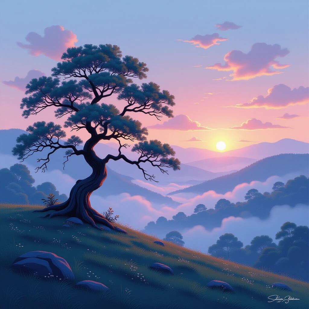 Ancient Tree on Misty Hilltop at Dawn