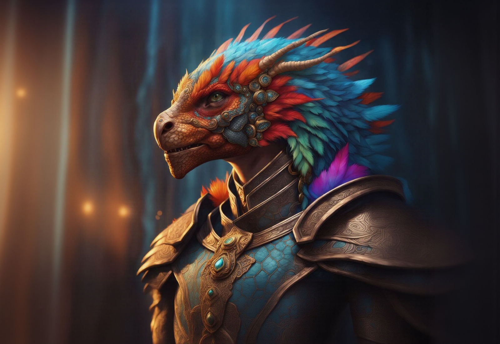 Scaly Paladin with Feather Collar: Fantasy Concept Art