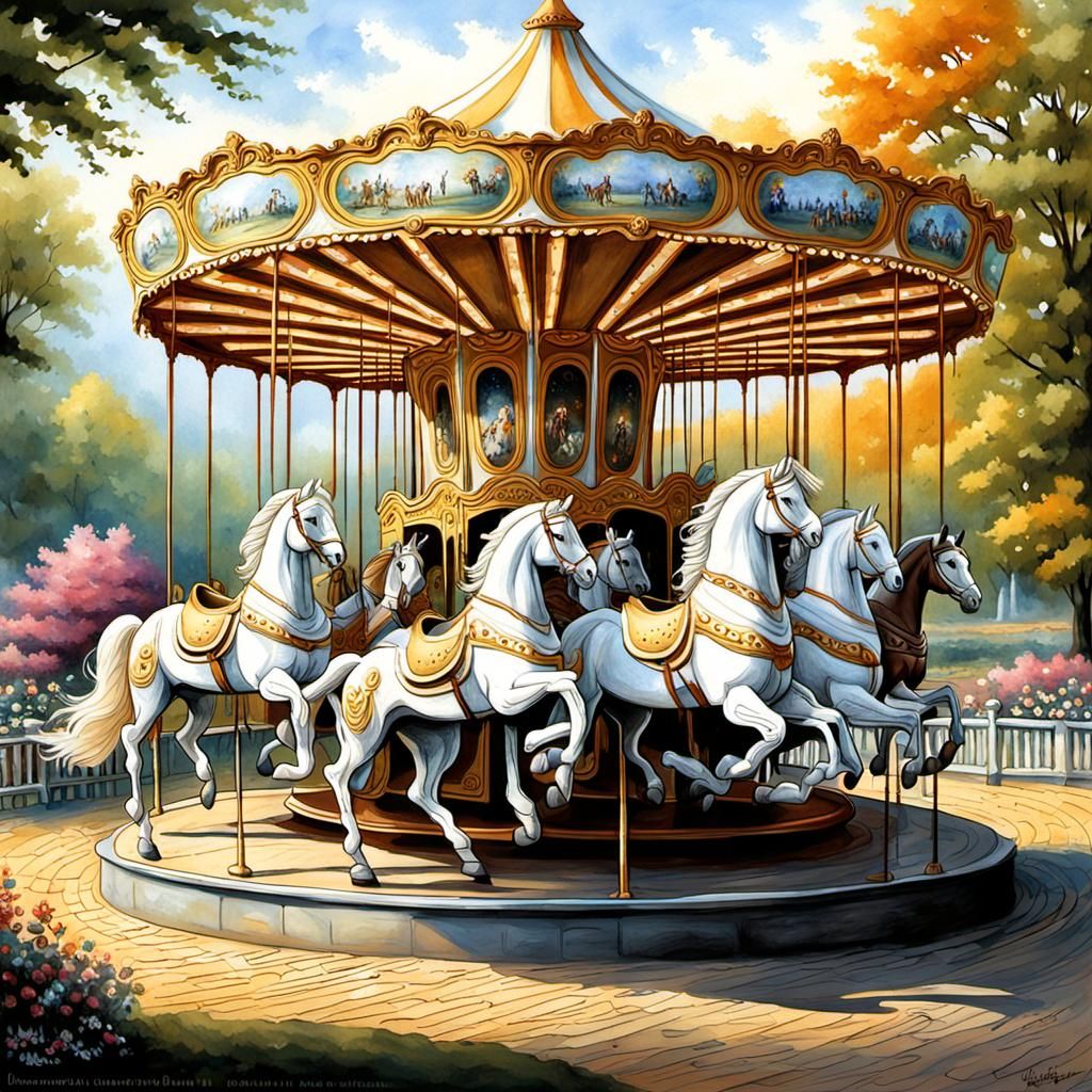 Carousel of Beautiful Horses in Neo-Impressionistic Style