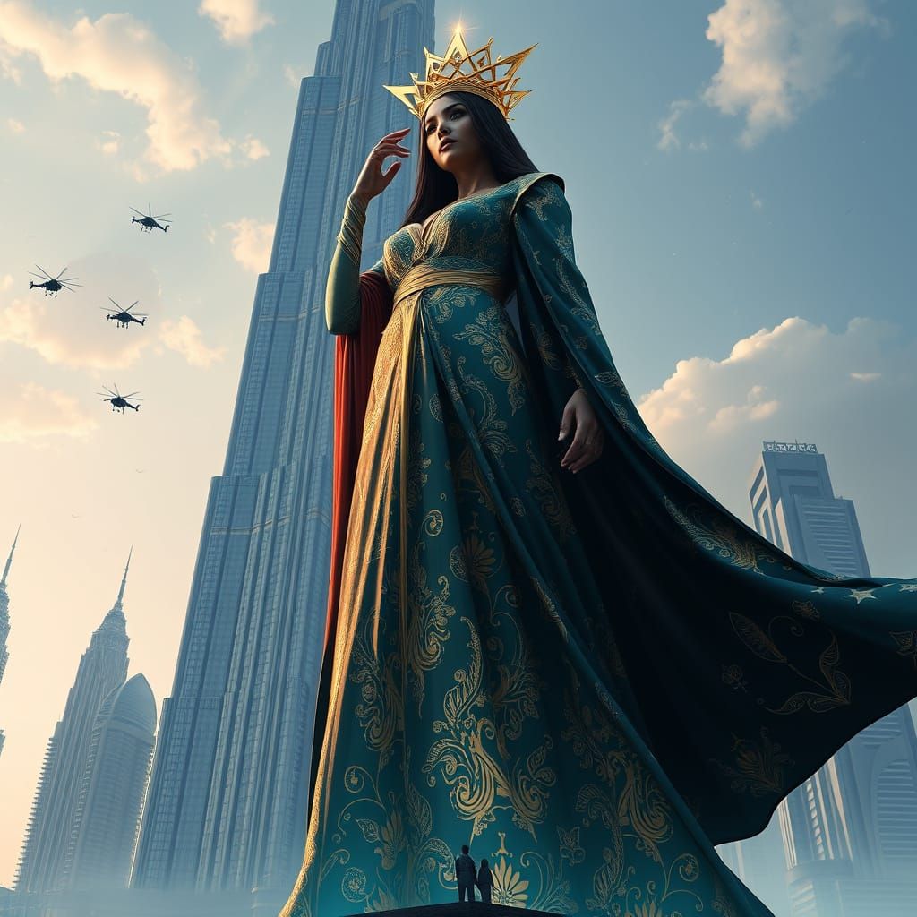 Ethereal Giantess Dominates Dubai Skyline in Cyberpunk Art