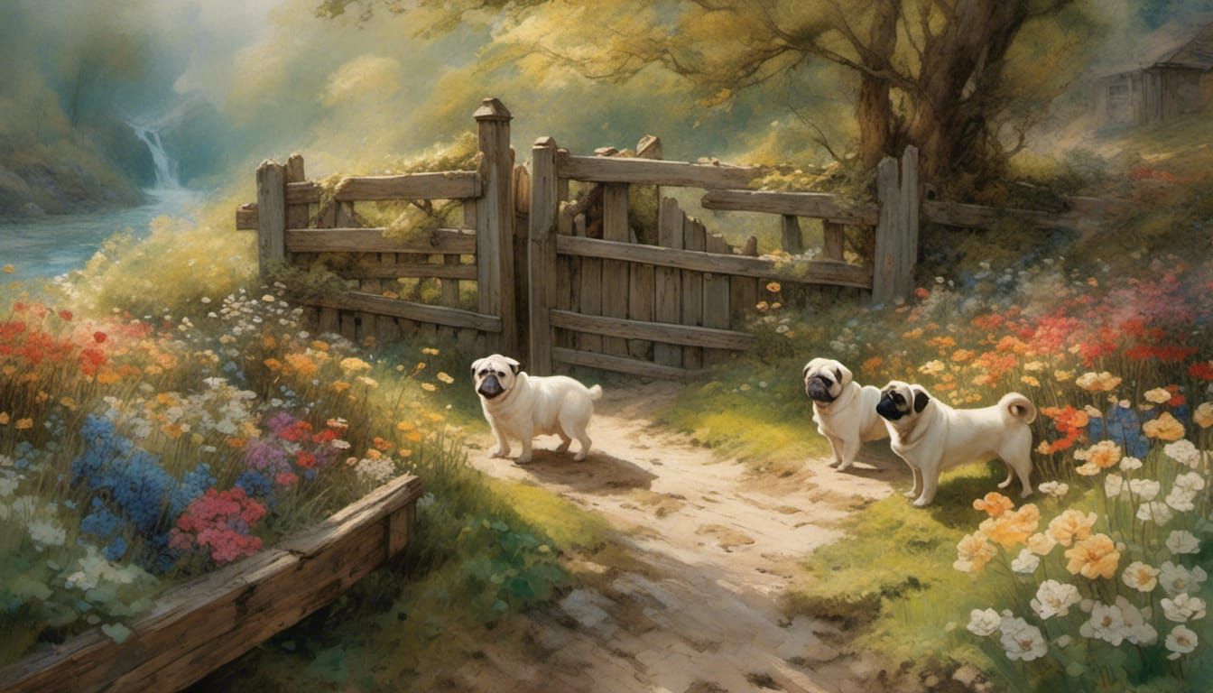 Pugs Play in Impressionistic Garden Landscape
