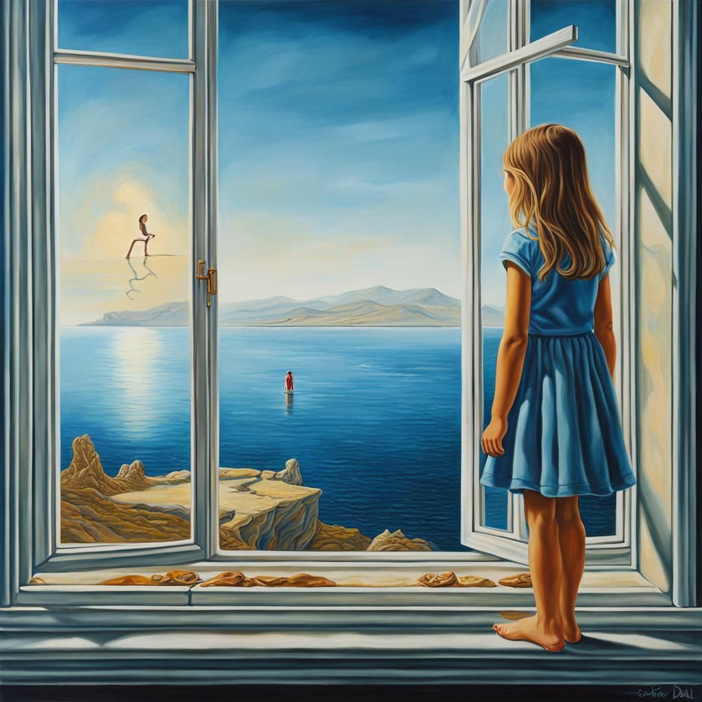 Girl Gazing at Sea: Surreal Oil Painting