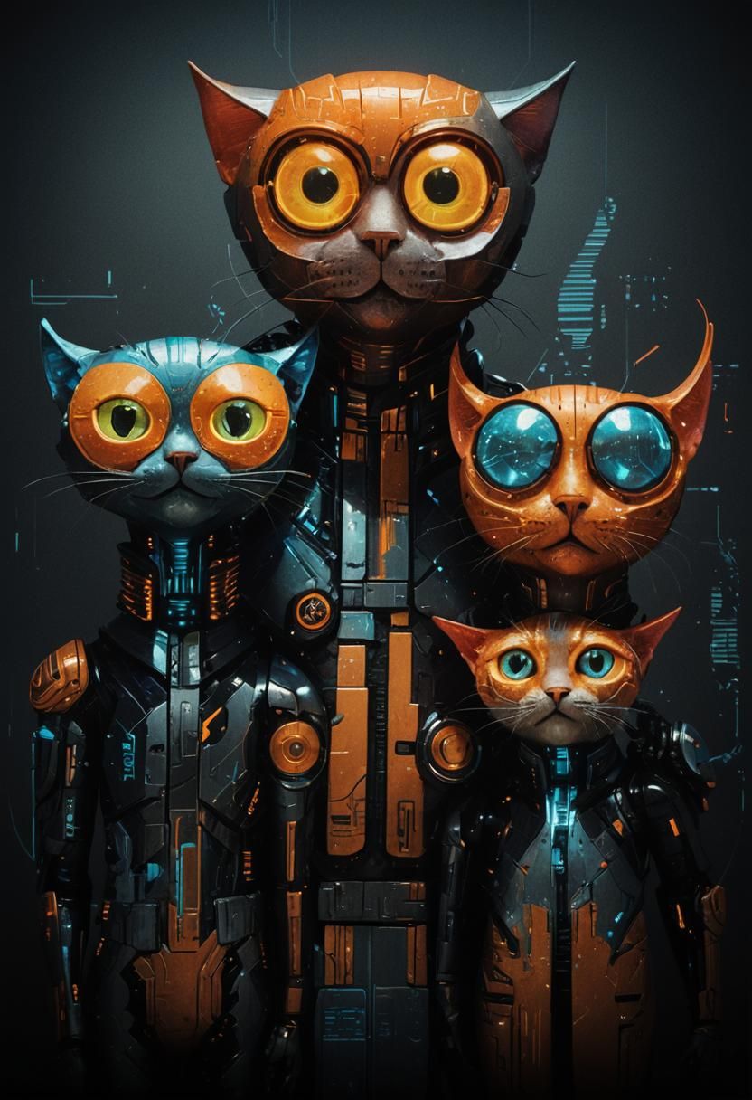 Futuristic cats standing on a sleek surface, looking directly at the camera, set against a bright gray backdrop