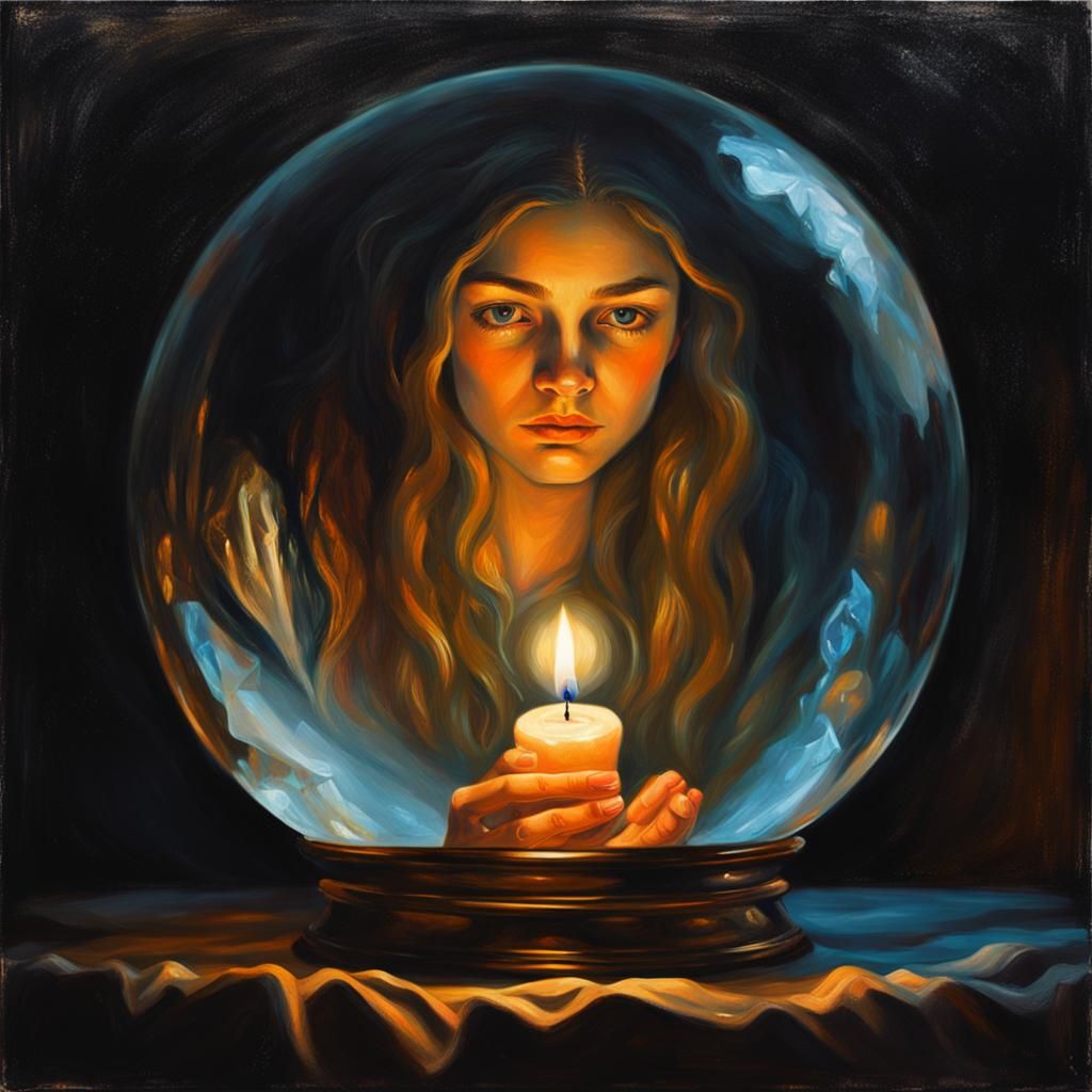 Girl Trapped in Crystal Ball: Oil Painting