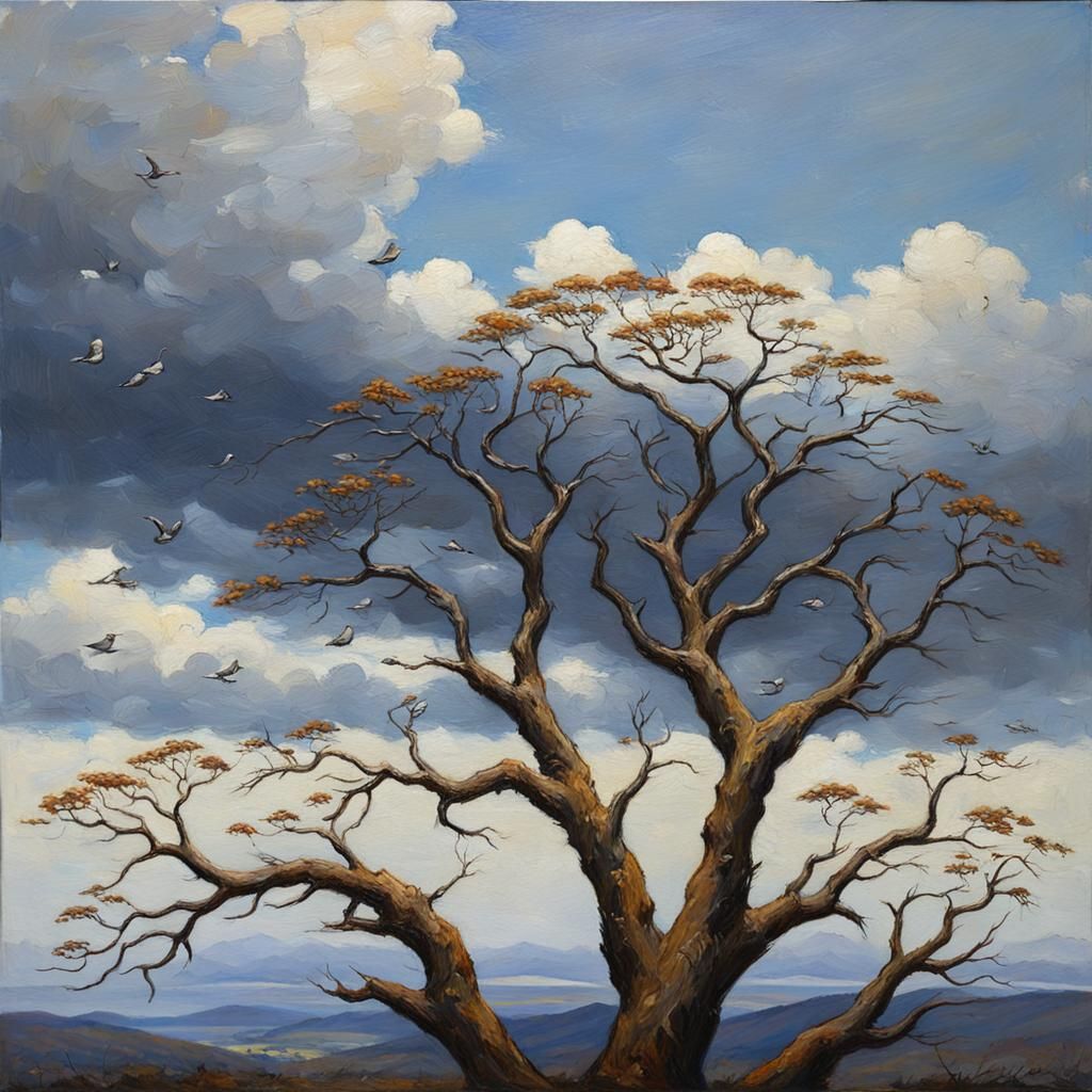 Plover Flock in Autumn Tree, Oil Painting