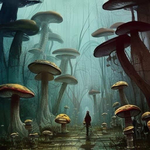 Fungal City: Overgrown Ruins in Gouache Style