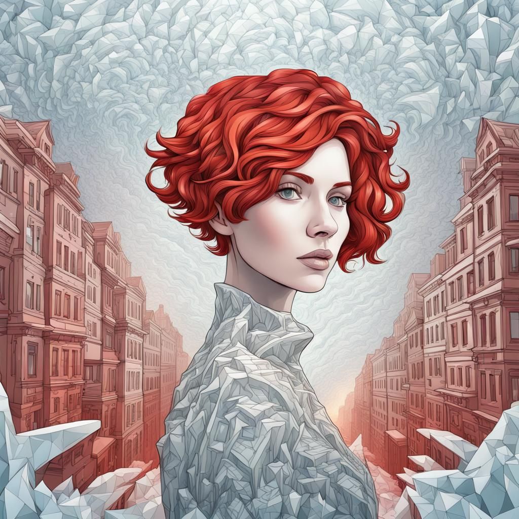 Icy Cityscape with Red-Haired Woman