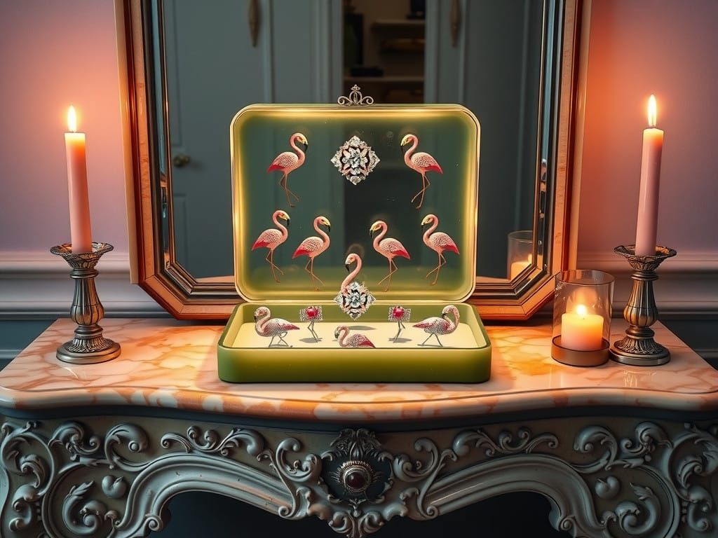 Art Deco Marble Vanity Table with Flamingo Brooches in Soft....