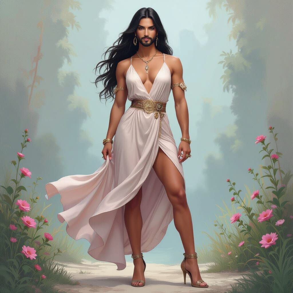 Gay Man in Elegant Female Attire, Expressive Illustration