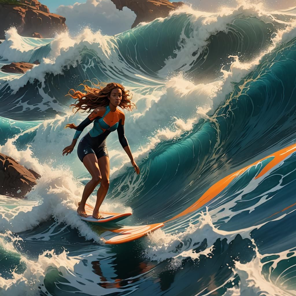 Girl Surfing a Big Blue Wave in Hyperdetailed Style