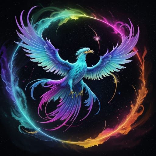Surreal Cosmic Phoenix Rises Through Vibrant Nebula